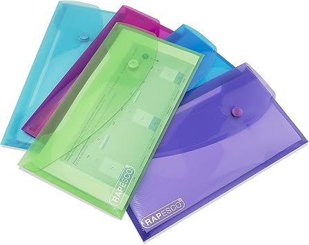 RAPESCO 0690, 4 Pochettes Porte-Documents avec Bouton-Pression, Format DL, Couleurs Vives Transparentes - NEUF